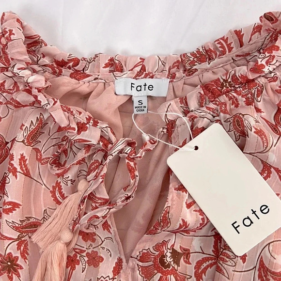 FATE New Ruffle Tie V-Neck Print Semi-Sheer Long Sleeve Bodysuit Size Small - Picture 3 of 10